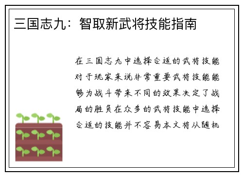 三国志九：智取新武将技能指南